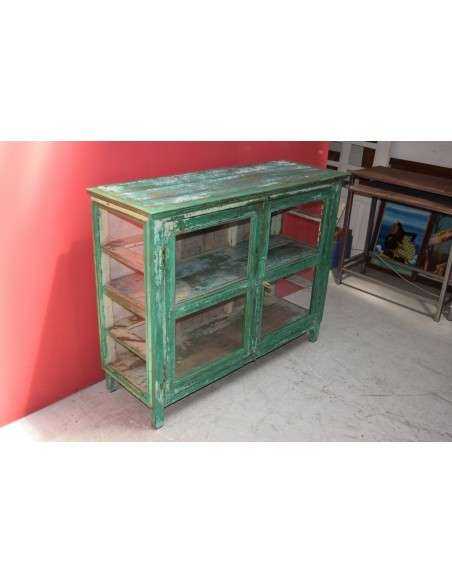 Vetrina coloniale shabby verde con vetri – India XX secolo in legno massello TS213