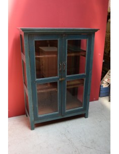Vetrina bassa ottanio shabby in legno massello – India coloniale XX secolo, ante e laterali in vetro TS189