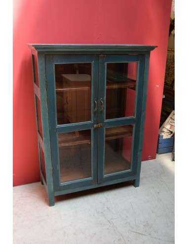 Vetrina bassa ottanio shabby in legno massello – India coloniale XX secolo, ante e laterali in vetro TS189