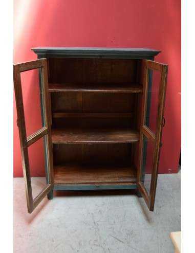 Vetrina bassa ottanio shabby in legno massello – India coloniale XX secolo, ante e laterali in vetro TS189