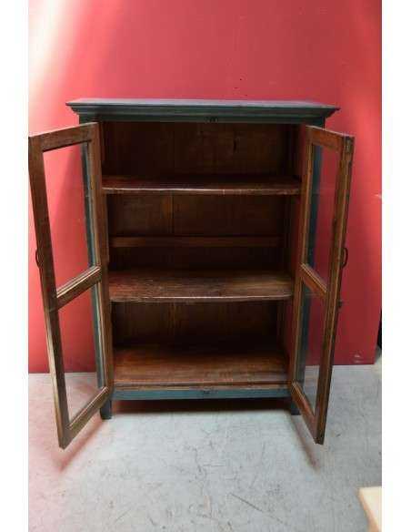 Vetrina bassa ottanio shabby in legno massello – India coloniale XX secolo, ante e laterali in vetro TS189