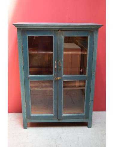 Vetrina bassa ottanio shabby in legno massello – India coloniale XX secolo, ante e laterali in vetro TS189