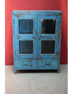 Vetrina coloniale azzurra in legno massello con ante a vetro e cassetti – India XX secolo TS216
