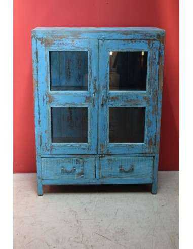Vetrina coloniale azzurra in legno massello con ante a vetro e cassetti – India XX secolo TS216