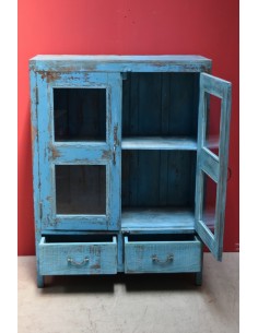 Vetrina coloniale azzurra in legno massello con ante a vetro e cassetti – India XX secolo TS216 2