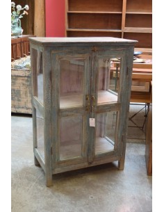 Vetrina bassa in legno massello con ante e lati in vetro, colore azzurro shabby TS219