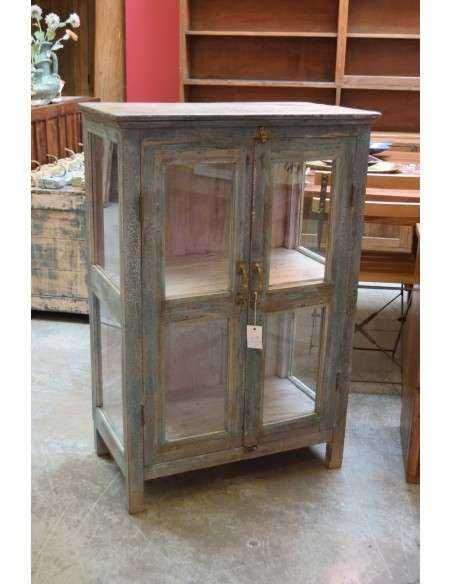 Vetrina bassa in legno massello con ante e lati in vetro, colore azzurro shabby TS219