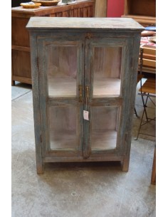 Vetrina bassa in legno massello con ante e lati in vetro, colore azzurro shabby TS219 2