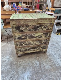 Cassettiera stile shabby verde e crema in legno teak