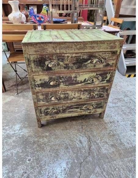 Cassettiera stile shabby verde e crema in legno teak
