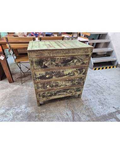Cassettiera stile shabby verde e crema in legno teak