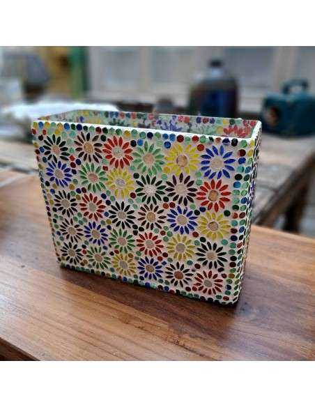 Lampada etnica a mosaico colore bianco e vetrini multicolore forma rettangolare LAMP831