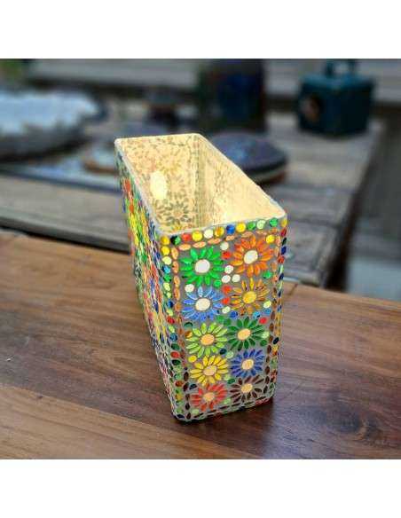 Lampada etnica a mosaico colore bianco e vetrini multicolore forma rettangolare LAMP831