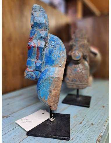 Scultura in legno su basamento in ferro testa cavallo blu H30cm cx192