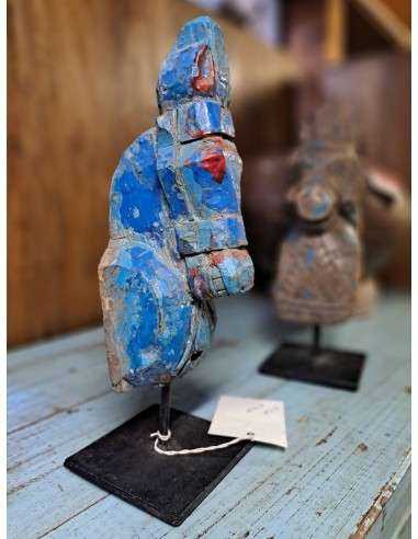 Scultura in legno su basamento in ferro testa cavallo blu H30cm cx192