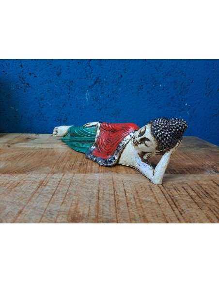 Statua Buddha Thailandese Sdraiato in Resina Rosso e Verde - 30x8cm, Altezza 10cm