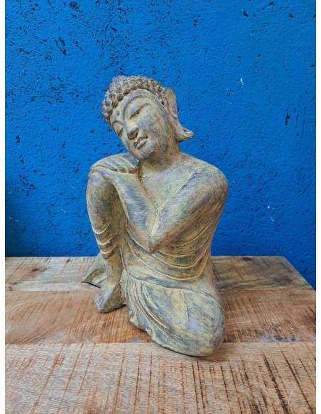 Statua Buddha Thailandese Inginocchiato con Occhi Chiusi in Polvere di Pietra H32cm ALNG012