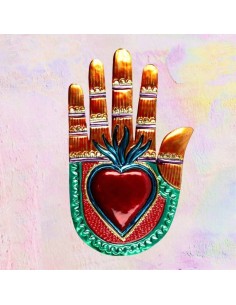 Mano Vintage con Cuore Sacro Ex Voto - Decorazione Artigianale