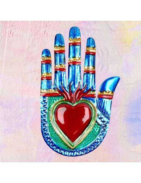 Mano Vintage con Cuore Sacro Ex Voto - Decorazione Artigianale
