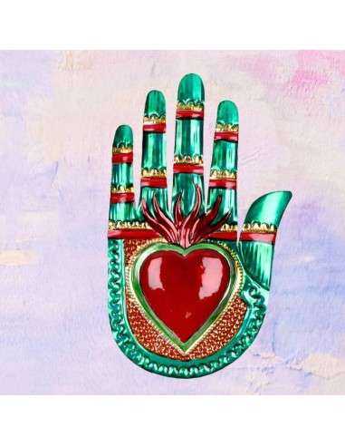 Mano Vintage con Cuore Sacro Ex Voto - Decorazione Artigianale