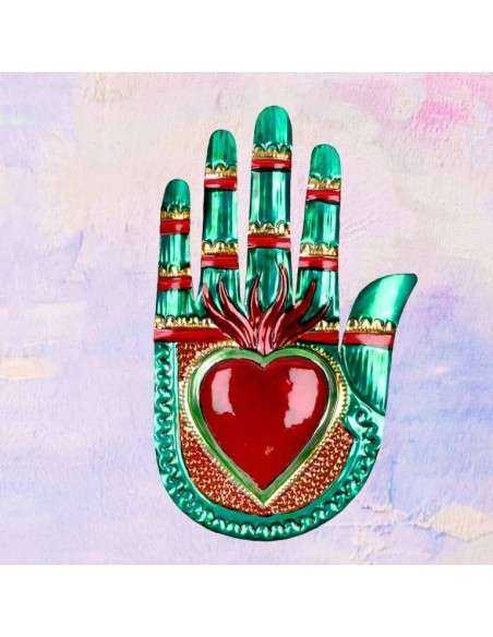 Mano Vintage con Cuore Sacro Ex Voto - Decorazione Artigianale
