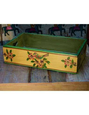Cassetta in legno massello indiano decorata | Decorazione floreale e uccellino, stile etnico