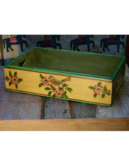 Cassetta in legno massello indiano decorata | Decorazione floreale e uccellino, stile etnico