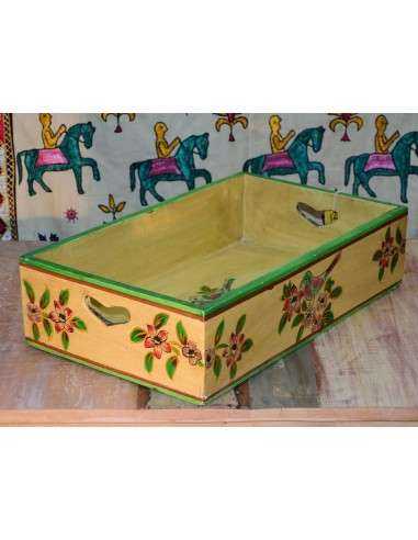 Cassetta in legno massello indiano decorata | Decorazione floreale e uccellino, stile etnico