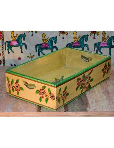 Cassetta in legno massello indiano decorata | Decorazione floreale e uccellino, stile etnico