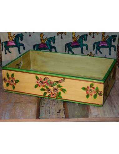 Cassetta in legno massello indiano decorata | Decorazione floreale e uccellino, stile etnico