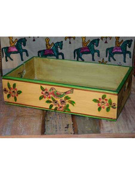Cassetta in legno massello indiano decorata | Decorazione floreale e uccellino, stile etnico