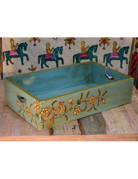 Cassetta in legno massello con decorazione floreale e uccellino, stile etnico verde e azzurro