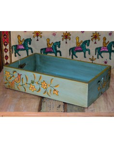 Cassetta in legno massello con decorazione floreale e uccellino, stile etnico verde e azzurro 2