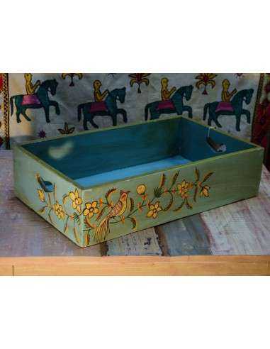 Cassetta in legno massello con decorazione floreale e uccellino, stile etnico verde e azzurro