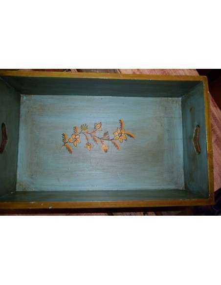 Cassetta in legno massello con decorazione floreale e uccellino, stile etnico verde e azzurro