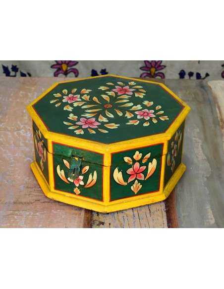 Scatola ottagonale in legno colore verde decorata - SC002