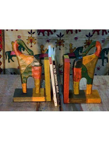 Coppia ferma libri a forma di elefante, scultura in legno
