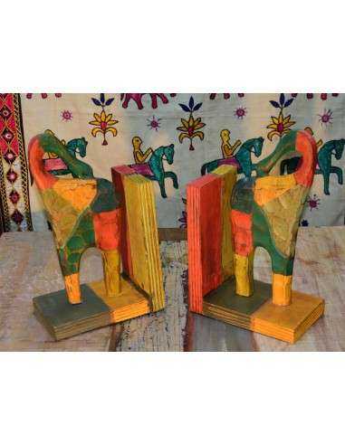Coppia ferma libri a forma di elefante, scultura in legno