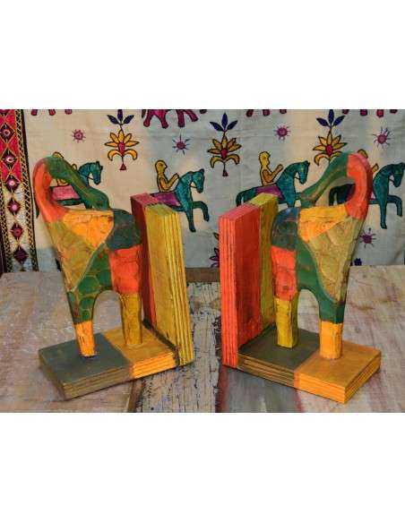 Coppia ferma libri a forma di elefante, scultura in legno