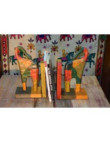 Coppia ferma libri a forma di elefante, scultura in legno
