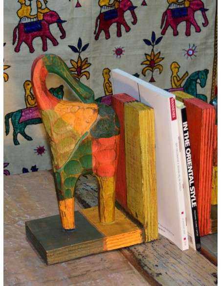 Coppia ferma libri a forma di elefante, scultura in legno
