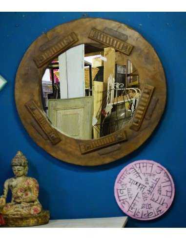 Cornice Specchio Circolare Coloniale in Teak, India XX Secolo