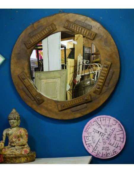 Cornice Specchio Circolare Coloniale in Teak, India XX Secolo