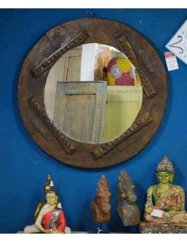 Cornice Specchio Circolare Coloniale in Teak, India XX Secolo
