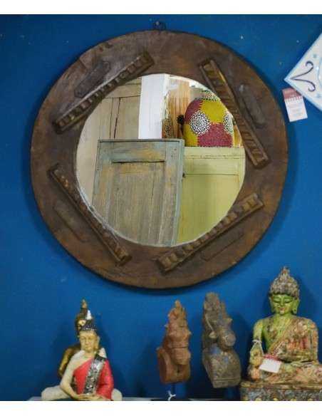 Cornice Specchio Circolare Coloniale in Teak, India XX Secolo