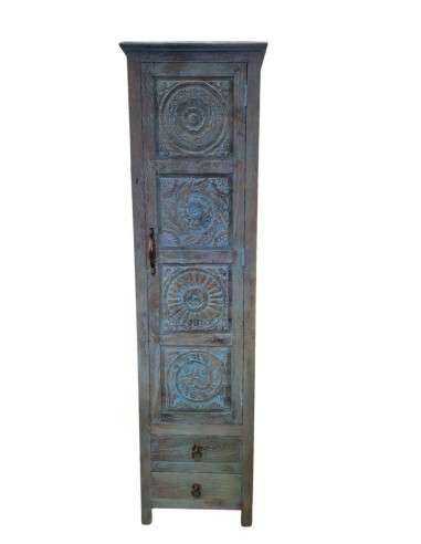 Credenza a Colonna in Legno di Mango Azzurra con Anta Intagliata e Cassetti – Stipo Serein