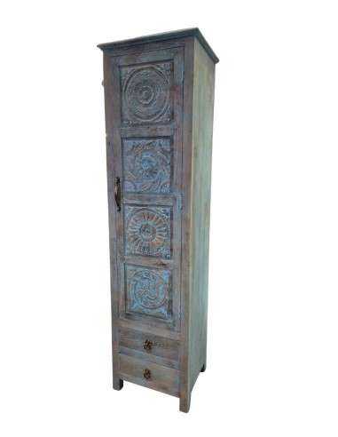 Credenza a Colonna in Legno di Mango Azzurra con Anta Intagliata e Cassetti – Stipo Serein