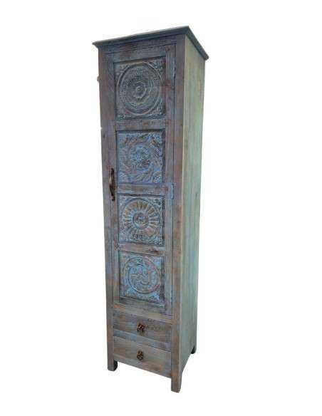 Credenza a Colonna in Legno di Mango Azzurra con Anta Intagliata e Cassetti – Stipo Serein