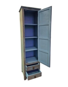 Credenza a Colonna in Legno di Mango Azzurra con Anta Intagliata e Cassetti – Stipo Serein 2