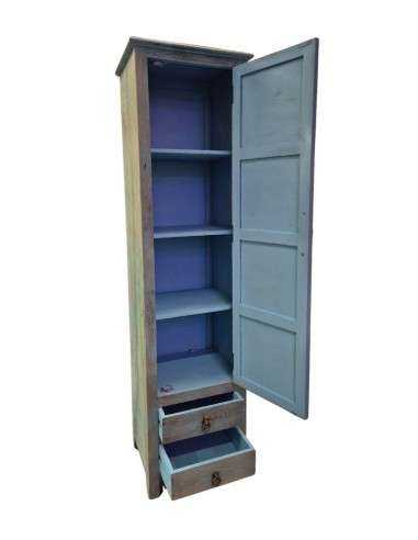 Credenza a Colonna in Legno di Mango Azzurra con Anta Intagliata e Cassetti – Stipo Serein